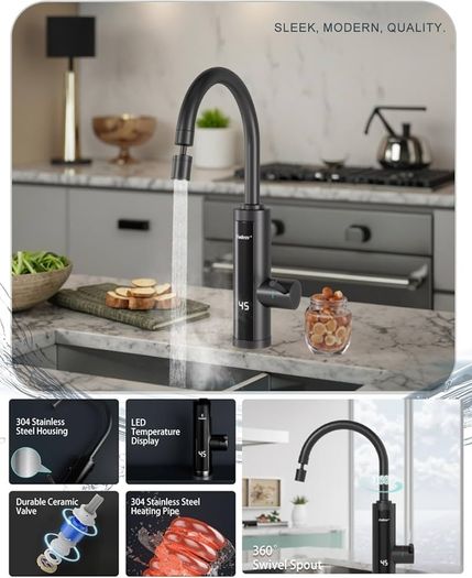 Electric Hot Water Tap with Universal Nozzle, Instant Heating Tap for Kitchen, Stainless Steel Water Heater Tap Supply Hot and Cold Water Faucet with Digital Display (Stainless Steel Gooseneck)