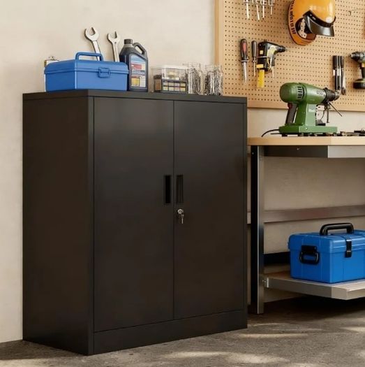 Multi-Purpose Cabinet, Desk Cabinet with 2 Doors, Lockable Cabinet,Steel Storage Cabinet with 2 Height Adjustable Shelves,Metal Storage Cabinet for Office,Garage and Workshop Black