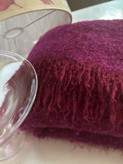 4 pieces- Avoca Mohair Wool Magenta Throw, Jerpoint Pedestal / Footed Bowl, Cut Glass Pillar Lamp with Brand New Sanderson Drum Shade - all are perfect together