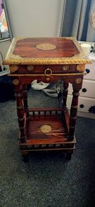 Beautiful Indian Mahogany Ornate Side Table Brass Detailing & Drawer