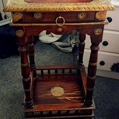 Beautiful Indian Mahogany Ornate Side Table Brass Detailing & Drawer