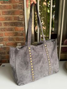 Grey suede leather tote bag with studs
