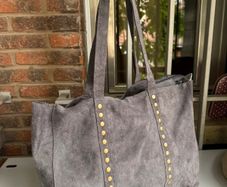 Grey suede leather tote bag with studs