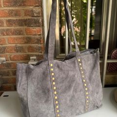 Grey suede leather tote bag with studs