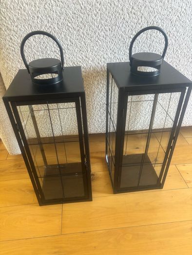 Set of 2 Large Black Metal & Glass Lanterns