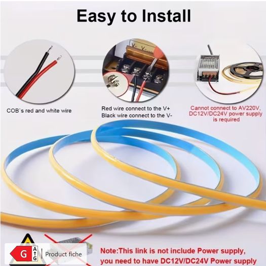 LQHZMYY 12V Hardwired COB LED High-Brightness Flexible LED Strip, Self-Adhesive And Cuttable, Suitable for Indoor, Mirror, Bedroom, Kitchen, Office Desk, Backlighting Lighting Lighting, Flexible Lighting LED Strip