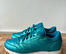Metallic teal leather rebook trainers, uk5