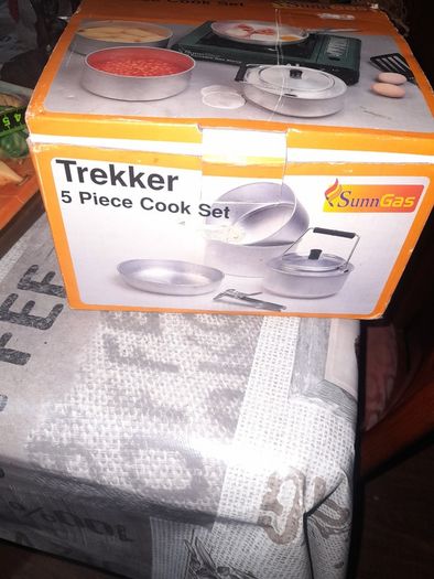 Trekker five piece Aluminum used Camping Cook Set by SunnGas in box, comprising 17cm saucepan, 18cm saucepan, 19cm frying pan, 16cm kettle (1.5L), and detachable grip handle. , Postage Available on all my Items or Collection in Rochfortbridge Westmeath