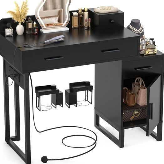 Black Dressing Table No Mirror, 90 cm Vanity Desk with 4 Drawers, Charging Station & Reversible Cabinet, Modern Makeup Desk with Divided Organisers, Space Saving Bedroom Table