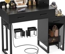 Black Dressing Table No Mirror, 90 cm Vanity Desk with 4 Drawers, Charging Station & Reversible Cabinet, Modern Makeup Desk with Divided Organisers, Space Saving Bedroom Table