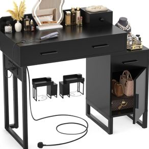 Black Dressing Table No Mirror, 90 cm Vanity Desk with 4 Drawers, Charging Station & Reversible Cabinet, Modern Makeup Desk with Divided Organisers, Space Saving Bedroom Table