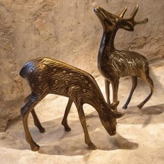Vintage Mid Century Solid Brass Spotted Deer Pair Figurines