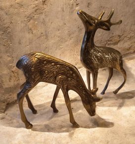 Vintage Mid Century Solid Brass Spotted Deer Pair Figurines