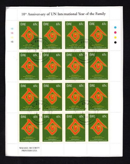 2004 Ireland 10th Anniversary of the UN International Year of the Family Stamp Sheetlet Plate 1A1A1A1A Fine CDS Used with Dublin cancel of 15th January 2004 (First day of issued) on envelope extract.