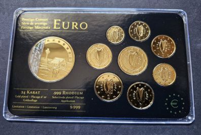 Prestige Ireland .999 Rhodium and 24k Gold Plated Coin Set 2002 + Proof Medal UNC Only 9,999 Set's
