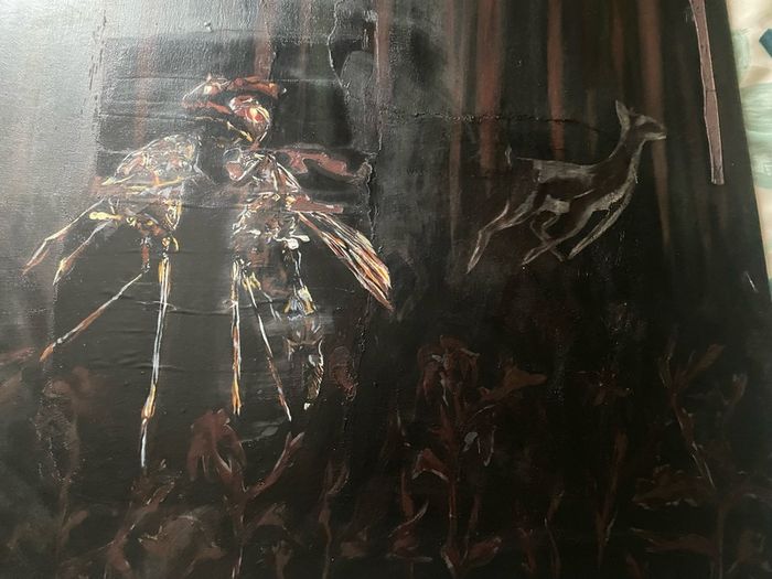 PAINTING Untitled (Forest Scene with Deer and Central Insectoid Motif)