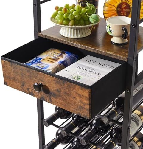Wine Rack Freestanding Floor, Bar Cabinet,Coffee Bar Cabinet 4-Tier Wood bar Cabinet,Glass Holder and Storage Drawer for Home Bar Kitchen Living Room,Brown