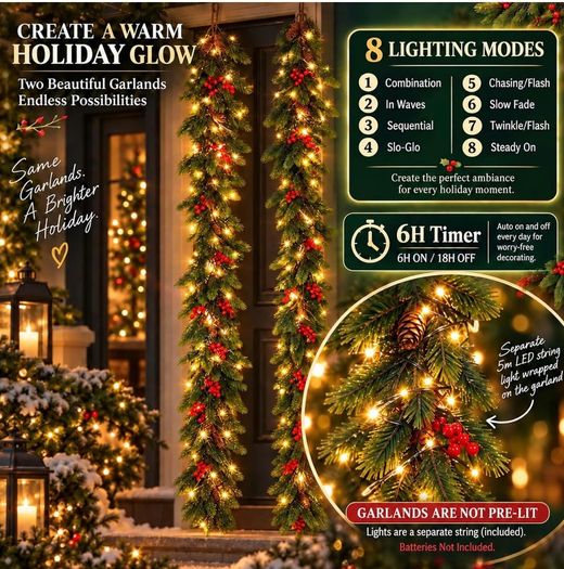 2Pack 2M Christmas Garland with 5m String Lights for Xmas Decoration Artificial Pine Garland with Red Berries & Pinecones with 8 Lighting Modes for Stairs, Fireplace, Indoor & Outdoor Decoration