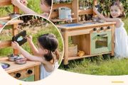 Mud Kitchen for Kids, Wooden Play Kitchen Outdoor with Real Faucet, Removable Sink, Kettle, Planting Cup, Oven, Chalkboard, Kids Garden Toy Kitchen, Gifts Toys for Boys Girls Age 3+