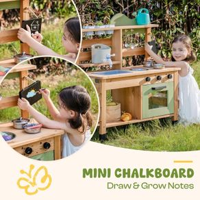 Mud Kitchen for Kids, Wooden Play Kitchen Outdoor with Real Faucet, Removable Sink, Kettle, Planting Cup, Oven, Chalkboard, Kids Garden Toy Kitchen, Gifts Toys for Boys Girls Age 3+