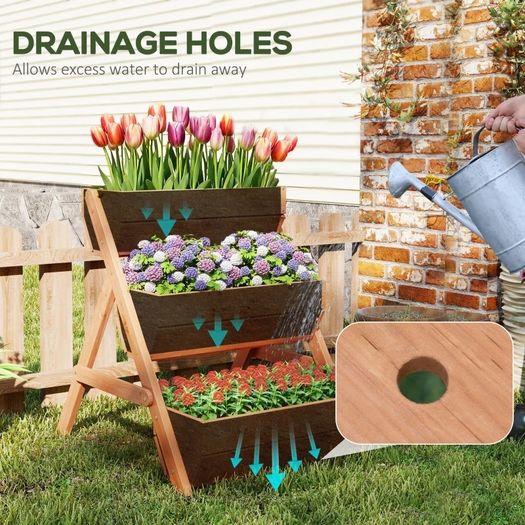 3 Tier Raised Garden Bed Wooden Elevated Planter Box Kit, 66L for Flower, Vegetable, Herb, 65x75x78cm, Brown