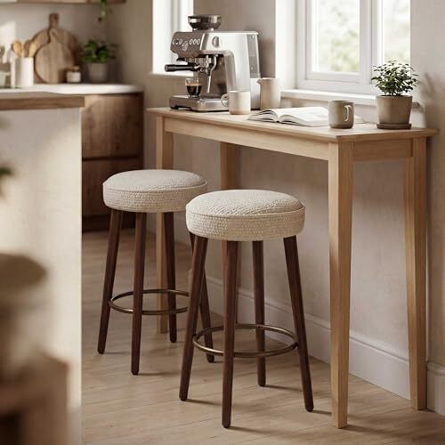 Set of 2 Chenille Bar Stools, 68cm Counter Height Upholstered Kitchen Bar Chairs with Solid Wood Legs