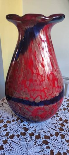 Large Murano Style Vase, Hand Blown Studio Art Glass, Iridescent Red & Gold & dark blue