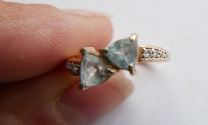 Vintage Solid 14k Gold Aquamarines And Diamonds Ring Size O - 3,35g