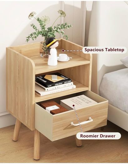 Bedside Table Set of 2, Nightstand, Side Table, Wooden Sofa End Table with Fabric Drawer, Open Shelf, Solid Wood Legs, 39x29x63 cm, for Bedroom, Living Room, Natural