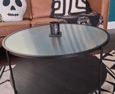 Glass & black wood/metal coffee table