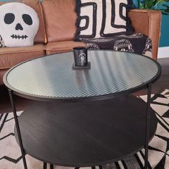 Glass & black wood/metal coffee table