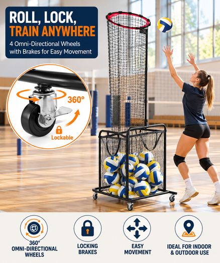Adjustable Volleyball Training Net with Ball Collection Cart Portable Setter, Serving & Spiking Practice Equipment