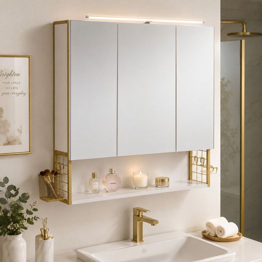LED Mirrored Bathroom Cabinet with Storage, Basket & Hair Dryer Holder