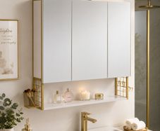 LED Mirrored Bathroom Cabinet with Storage, Basket & Hair Dryer Holder