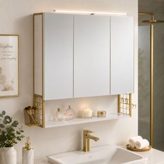 LED Mirrored Bathroom Cabinet with Storage, Basket & Hair Dryer Holder