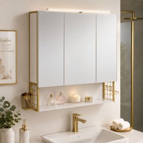 LED Mirrored Bathroom Cabinet with Storage, Basket & Hair Dryer Holder