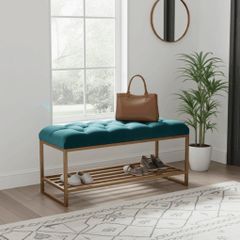 Teal Velvet Upholstered Bench / Shoe Rack