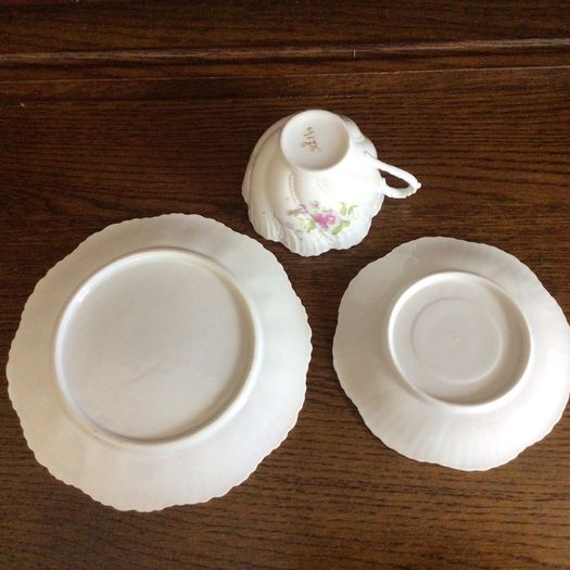 Edwardian Unstamped Ornate Porcelain Tea cup saucer and side Trio