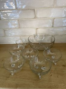 Vintage Etched Glass Dessert 3 footed dish set (7 pieces)