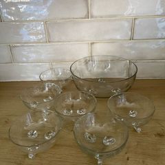 Vintage Etched Glass Dessert 3 footed dish set (7 pieces)