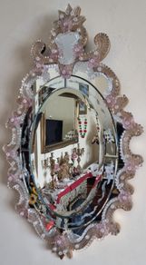 Murano Glass Pink Flowers Large Venetian Triple Bevelled Wall Mirror Made in Italy