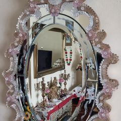 Murano Glass Pink Flowers Large Venetian Triple Bevelled Wall Mirror Made in Italy