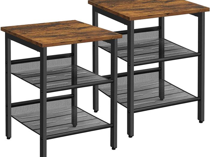 _Side Tables, Set of 2, Bedside Tables, Industrial Style, with Adjustable Mesh Shelves, for Living Room, Bedroom, Hallway, Office, Stable, Rustic Brown and BlackSide Tables, Set of 2, Bedside Tables, Industrial Style, with Adjustable Mesh Shelves, for Liv