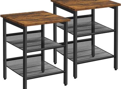 _Side Tables, Set of 2, Bedside Tables, Industrial Style, with Adjustable Mesh Shelves, for Living Room, Bedroom, Hallway, Office, Stable, Rustic Brown and BlackSide Tables, Set of 2, Bedside Tables, Industrial Style, with Adjustable Mesh Shelves, for Liv
