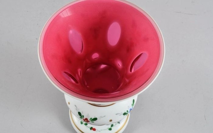 Beautiful Bohemian pink glass overlay vase