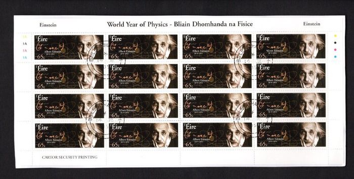 2005 Ireland World Year of Physics Commemorative Stamp Sheetlets Plate 1A1A1A1A Fine Used with Dublin cancel of 24th February 2005 (First day of issue) on envelope extract