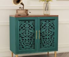 Wooden Sideboard Storage Cabinet with 2 Doors, Vintage Hollow Carving Buffet Accent Cabinet, Modern Green Sideboards for Living Room, Kitchen, Dining Room, Hallway