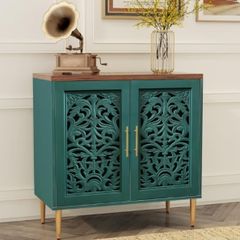 Wooden Sideboard Storage Cabinet with 2 Doors, Vintage Hollow Carving Buffet Accent Cabinet, Modern Green Sideboards for Living Room, Kitchen, Dining Room, Hallway