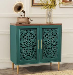Wooden Sideboard Storage Cabinet with 2 Doors, Vintage Hollow Carving Buffet Accent Cabinet, Modern Green Sideboards for Living Room, Kitchen, Dining Room, Hallway