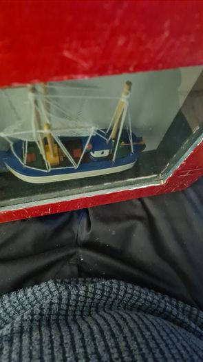 MODEL Fisfing Boat Trawler Framed Behind Glass. In Good Condition.